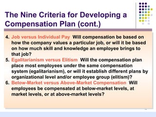 The Nine Criteria for Developing a
Compensation Plan (cont.)
4. Job versus Individual Pay Will compensation be based on
   how the company values a particular job, or will it be based
   on how much skill and knowledge an employee brings to
   that job?
5. Egalitarianism versus Elitism Will the compensation plan
   place most employees under the same compensation
   system (egalitarianism), or will it establish different plans by
   organizational level and/or employee group (elitism)?
6. Below-Market versus Above-Market Compensation Will
   employees be compensated at below-market levels, at
   market levels, or at above-market levels?

                                                                 18
 