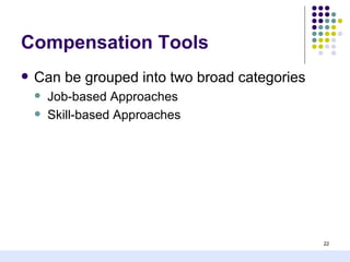 Compensation Tools
   Can be grouped into two broad categories
       Job-based Approaches
       Skill-based Approaches




                                               22
 