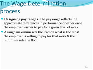 The Wage Determination
process
Designing pay ranges :The pay range reflects the
approximate differences in performance or experience
the employer wishes to pay for a given level of work.
A range maximum sets the lead on what is the most
the employer is willing to pay for that work & the
minimum sets the floor.
56
 