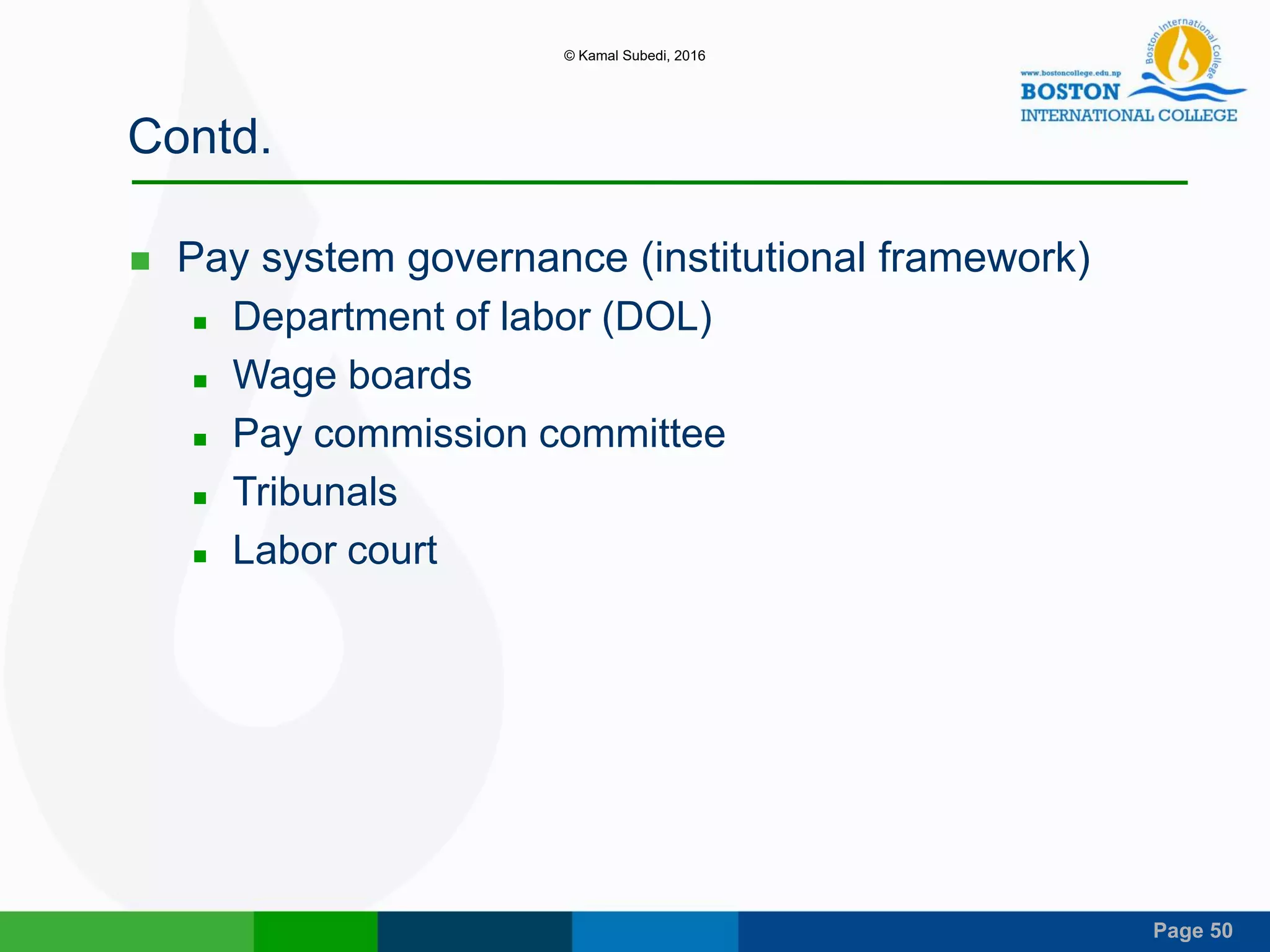 Page 50
Contd.
 Pay system governance (institutional framework)
 Department of labor (DOL)
 Wage boards
 Pay commission committee
 Tribunals
 Labor court
© Kamal Subedi, 2016
 