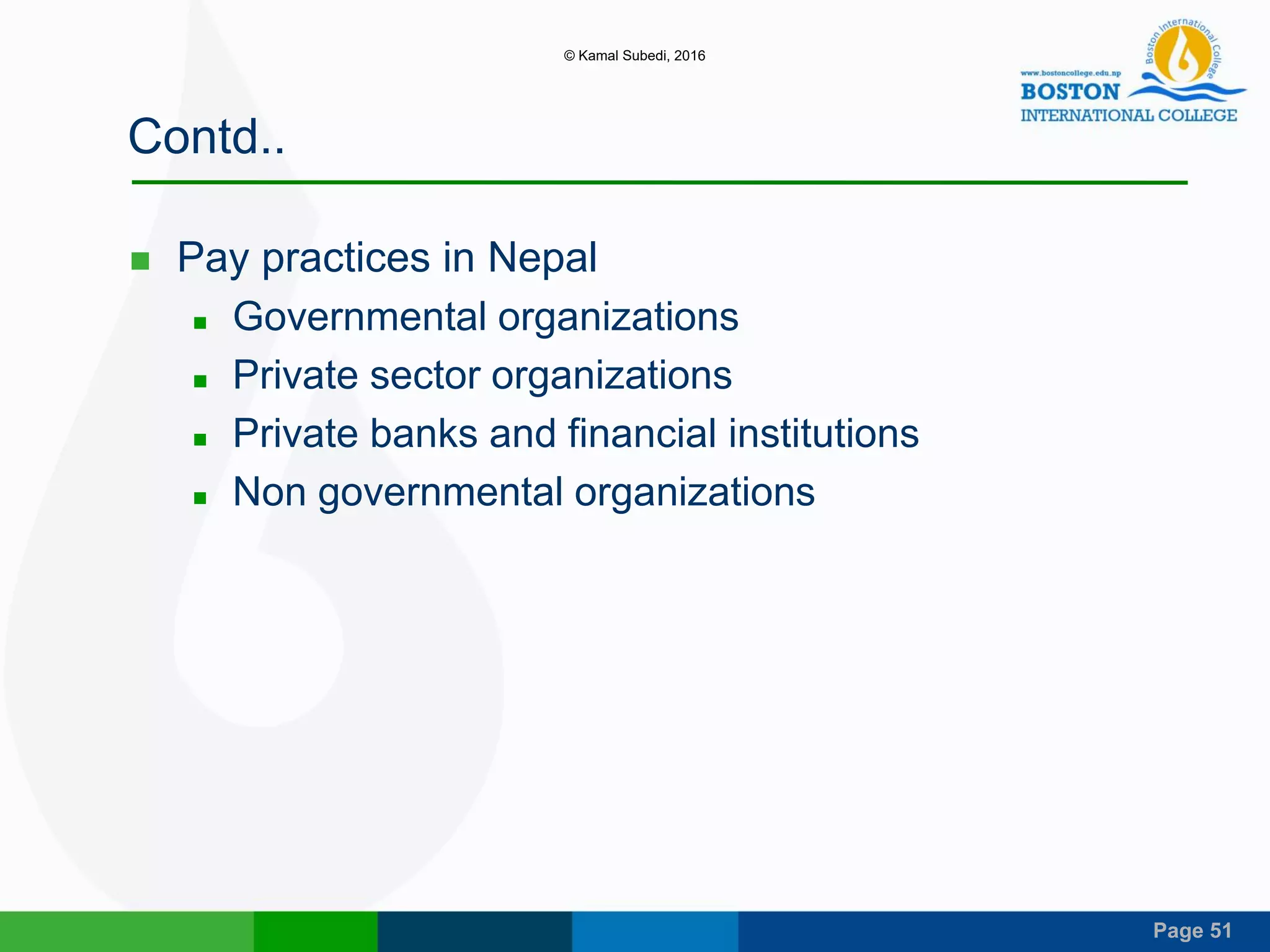 Page 51
Contd..
 Pay practices in Nepal
 Governmental organizations
 Private sector organizations
 Private banks and financial institutions
 Non governmental organizations
© Kamal Subedi, 2016
 