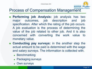 Page 11
Process of Compensation Management
 Performing job Analysis: job analysis has two
major outcomes, job description and job
specification. After which the rating of the job occurs.
A job evaluation is the process of determining the
value of the job related to other job. And it is also
concerned with converting the work value to
monetary value.
 Conducting pay surveys: in the another step the
actual amount to be paid is determined with the wage
and salary surveys. The information is collected with.
 Benchmarking
 Packaging surveys
 Own surveys
© Kamal Subedi, 2016
 