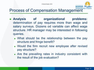 Page 12
Process of Compensation Management
 Analysis of organizational problems:
determination of pay requires more than wage and
salary surveys. Dozens od variable can affect wage
structure. HR manager may be interested in following
queries.
 What should be the relationship between the pay
structure and fringe benefit?
 Would the firm recruit new employee after revised
pay structure?
 Are the prevailing rates in industry consistent with
the result of the job evaluation?
© Kamal Subedi, 2016
 