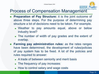 Page 13
Process of Compensation Management
 Preparation of Pay Structure: it is the joint outcome of
above three steps. For the purpose of determining pay
structure a lot of decisions need to be taken. For example.
 Weather to pay amounts equal, above or below
industry level?
 The number of width of pay grades and the extent of
overlap.
 Farming pay administration rules: as the rates ranges
have been determined, the development of rules/policies
of pay system has to be fixed. A lot of the policies and
rules required to answer:
 A trade of between seniority and merit basis
 The frequency of pay increases
 How to control salary and wage costs
© Kamal Subedi, 2016
 