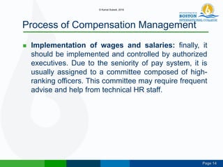 Page 14
Process of Compensation Management
 Implementation of wages and salaries: finally, it
should be implemented and controlled by authorized
executives. Due to the seniority of pay system, it is
usually assigned to a committee composed of high-
ranking officers. This committee may require frequent
advise and help from technical HR staff.
© Kamal Subedi, 2016
 