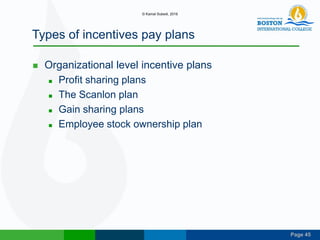 Page 45
Types of incentives pay plans
 Organizational level incentive plans
 Profit sharing plans
 The Scanlon plan
 Gain sharing plans
 Employee stock ownership plan
© Kamal Subedi, 2016
 