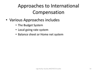 Approaches to International
Compensation
• Various Approaches includes
• The Budget System
• Local going rate system
• Balance sheet or Home net system
14Ligo Koshy, Faculty, MACFAST,Tiruvalla
 