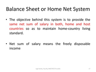 Balance Sheet or Home Net System
• The objective behind this system is to provide the
same net sum of salary in both, home and host
countries so as to maintain home-country living
standard.
• Net sum of salary means the freely disposable
income
17Ligo Koshy, Faculty, MACFAST,Tiruvalla
 