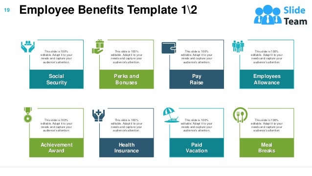 Employee Benefits Template 12
Social
Security
This slide is 100%
editable. Adapt it to your
needs and capture your
audience's attention.
Pay
Raise
This slide is 100%
editable. Adapt it to your
needs and capture your
audience's attention.
Employees
Allowance
This slide is 100%
editable. Adapt it to your
needs and capture your
audience's attention.
Achievement
Award
This slide is 100%
editable. Adapt it to your
needs and capture your
audience's attention.
Health
Insurance
This slide is 100%
editable. Adapt it to your
needs and capture your
audience's attention.
Paid
Vacation
This slide is 100%
editable. Adapt it to your
needs and capture your
audience's attention.
Meal
Breaks
This slide is 100%
editable. Adapt it to your
needs and capture your
audience's attention.
Perks and
Bonuses
This slide is 100%
editable. Adapt it to your
needs and capture your
audience's attention.
19
 