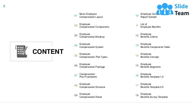 Employee
Compensation Components
02
Employee
Compensation System
04
Employee
Compensation Plan Types
05
Employee
Compensation Package
06
Compensation
Plan Framework
07
Employee
Compensation Structure
08
Employee
Compensation Sheet
09
Basic Employee
Compensation Layout
01
Employee
Compensation Breakup
03
List of
Employee Benefits
11
Employee
Benefits Components Table
13
Employee
Benefits Concept
14
Employee
Benefits Segments
15
Employee
Benefits Template 1/2
16
Employee
Benefits Template 2/2
17
Employee
Benefits Survey Template
18
Employee Compensation
Report Sample
10
Employee
Benefits Criteria
12
CONTENT
2
 