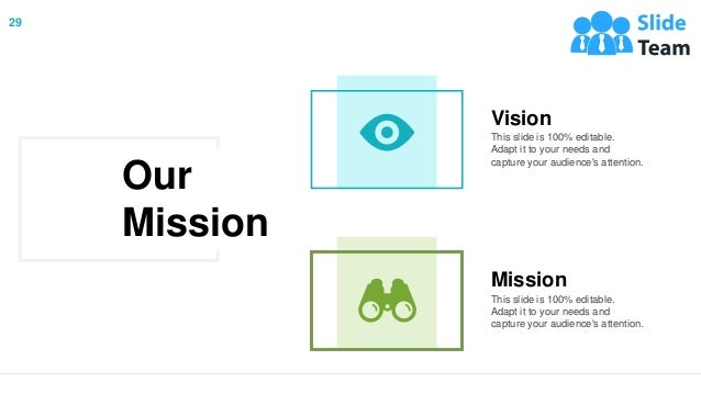 Vision
This slide is 100% editable.
Adapt it to your needs and
capture your audience's attention.
Mission
This slide is 100% editable.
Adapt it to your needs and
capture your audience's attention.
Our
Mission
29
 