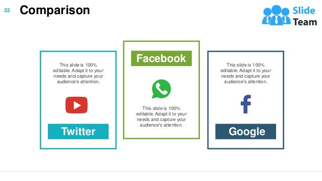 Comparison
This slide is 100%
editable. Adapt it to your
needs and capture your
audience's attention.
Twitter
This slide is 100%
editable. Adapt it to your
needs and capture your
audience's attention.
Facebook This slide is 100%
editable. Adapt it to your
needs and capture your
audience's attention.
Google
32
 