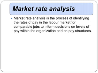 Market rate analysis
 Market rate analysis is the process of identifying

the rates of pay in the labour market for
comparable jobs to inform decisions on levels of
pay within the organization and on pay structures.

 