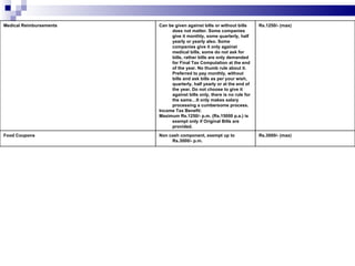 Medical Reimbursements  Can be given against bills or without bills does not matter. Some companies give it monthly, some quarterly, half yearly or yearly also. Some companies give it only against medical bills, some do not ask for bills, rather bills are only demanded for Final Tax Computation at the end of the year. No thumb rule about it. Preferred to pay monthly, without bills and ask bills as per your wish, quarterly, half yearly or at the end of the year. Do not choose to give it against bills only, there is no rule for the same…It only makes salary processing a cumbersome process.  Income Tax Benefit:  Maximum Rs.1250/- p.m. (Rs.15000 p.a.) is exempt only if Original Bills are provided.  Rs.1250/- (max)  Food Coupons  Non cash component, exempt up to Rs.3000/- p.m.  Rs.3000/- (max)  