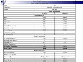 Denave India Private Ltd Date of Joining  - 2nd February, 2009 Name XYZ Designation Executive - Accounts & Finance Location New Delhi   Details of Emoluments   Per Month Per Annum Earnings Break Up: Basic 14000 168,000 HRA 7000 84,000 Conveyance 1200 14,400 CCA 2500 30,000 Medical Reimbursement 1500 18,000 Special Allowance 1,800 21,600 A. Gross Salary  28,000 336,000 Performance Incentive 0 0 B. Variable Salary 0 0 Company Contribution: PF Comp. Contri.@12% 1,680 20,160 ESI Comp. Contri. @ 4.75% 0 0 Gratuity @ 4.81% 673 8,076 Statutory Bonus @ 20% 0 0 C. Company Contribution  2,353 28,236 Total ( A+B+C ) 30,353 364,236 Employee Deduction: PF Emp Contri.@12% 1,680 20,160 ESI Emp Contri. @ 1.75% 0 0 Professional Tax As Per Govt. Rules As Per Govt. Rules D. Employee Deduction 1,680 20,160 In Hand Pre Tax 26,320 315,840 