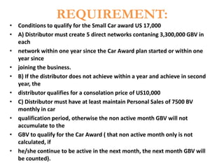 REQUIREMENT:

• Conditions to qualify for the Small Car award US 17,000
• A) Distributor must create 5 direct networks contaning 3,300,000 GBV in
each
• network within one year since the Car Award plan started or within one
year since
• joining the business.
• B) If the distributor does not achieve within a year and achieve in second
year, the
• distributor qualifies for a consolation price of US10,000
• C) Distributor must have at least maintain Personal Sales of 7500 BV
monthly in car
• qualification period, otherwise the non active month GBV will not
accumulate to the
• GBV to qualify for the Car Award ( that non active month only is not
calculated, if
• he/she continue to be active in the next month, the next month GBV will
be counted).

 