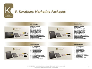 18
© 2011-2016 Karatbars International GmbH, All rights reserved.
Karatbars is an international Trademark
Gold Package
1 x 0,1g Cashgold
1 x Gold Pin
14 x Bonus Card 3%
14 x Bonus Card 100 €
2 x 1g Classic Card
1 x Image Brochure
1 x Gold Brochure
2 x K-Exchange Brochure
2 x Branding Card Brochure
1 x Presentation
1 x Compensation Plan
Silver Package
1 x 0,1g Cashgold
1 x Silver Pin
6 x Bonus Card 3%
6 x Bonus Card 100 €
1 x 1g Classic Card
1 x Image Brochure
1 x Gold Brochure
2 x K-Exchange Brochure
2 x Branding Card Brochure
1 x Presentation
1 x Compensation Plan
Bronze Package
1 x 0,1g Cashgold
1 x Bronze Pin
2 x Bonus Card 3%
2 x Bonus Card 100 €
1 x Image Brochure
1 x Gold Brochure
2 x K-Exchange Brochure
2 x Branding Card Brochure
1 x Presentation
1 x Compensation Plan
6. Karatbars Marketing Packages
Dual
Commissions
VIP Package
1 x 0,1g Cashgold
1 x VIP Pin
20 x Bonus Card 3%
40 x Bonus Card 100 €
3 x 1g Classic Card
1 x Image Brochure
1 x Gold Brochure
2 x K-Exchange Brochure
2 x Branding Card Brochure
1 x Presentation
1 x Compensation Plan
 