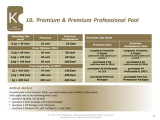 28
Dual
Commissions
© 2011-2016 Karatbars International GmbH, All rights reserved.
Karatbars is an international Trademark
10. Premium & Premium Professional Pool
To participate in the Premium Pools, you need to keep your monthly status active.
Sales apply only to the following direct sales:
• purchase 2g Gold, sell 2g Gold
• purchase 1 Silver package, sell 1 Gold Package
• purchase 1 VIP Package, sell 1 Premium
• purchase 1 Premium Pro, sell Cashbox 1, 2, and 3 Star
Active status
Reaching the
pools
Premium
Premium
Professional
0,1g = 30 Cent 10 cent 20 Cent
From Oktober 2016
0,2g = 60 Cent 20 cent 30 Cent
0,4g = 100 Cent 30 cent 60 Cent
0,6g = 150 Cent 50 cent 100 Cent
From beginning of 2017
1g = 210 Cent 70 cent 140 Cent
2,5g = 300 Cent 100 cent 200 Cent
5g = 600 Cent 200 cent 400 Cent
Erreichen des Pools
Premium Pool
Premium
Professional Pool
Longterm Incentive:
E Klasse
(achieved to date positions are
counted )
Longterm Incentive:
S Klasse
(achieved to date positions are
counted )
purchased 3 Kg
(valid from April 20, 2016)
purchased 5 Kg
(valid from April 20, 2016)
purchased 30 Profitcards
at 119
purchased 70
Profitcards at 100 €
purchased Premium
Packages
purchased Premium
Professional Packages
 