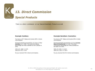 34
13. Direct Commission
Special Products
© 2011-2016 Karatbars International GmbH, All rights reserved.
Karatbars is an international Trademark
Dual
Commissions
There is a direct commission on our Special Karatbars Products as well.
Example Cashbox:
You have a VIP -Status and receive 20% in direct
commissions.
Someone directly sponsored by you buys a 3 Star
Cashbox for € 1900. The direct commission
percentage we make available for the Cashbox is
25%.
25% of € 1900 = € 475
20% of € 475 = € 95
So you receive € 95 in direct commissions.
Example Karatbars Cosmetics:
You have a VIP -Status and receive 20% in direct
commissions.
Someone directly sponsored by you buys Luxury
Body Oil Katharina for € 269. The direct
commission percentage we make available for
the Bath oil is 50%.
50% of € 269 = € 134.5
20% of € 134.5 = € 26.9
So you receive € 26.9 0 in direct commissions.
 