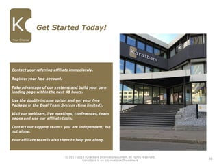 38
Get Started Today!
Contact your referring affiliate immediately.
Register your free account.
Take advantage of our systems and build your own
landing page within the next 48 hours.
Use the double income option and get your free
Package in the Dual Team System (time limited).
Visit our webinars, live meetings, conferences, team
pages and use our affiliate tools.
Contact our support team – you are independent, but
not alone.
Your affiliate team is also there to help you along.
Your Chance
© 2011-2016 Karatbars International GmbH, All rights reserved.
Karatbars is an international Trademark
 
