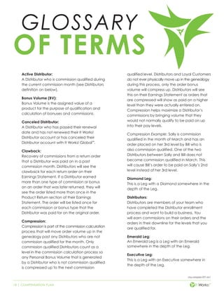 18 | COMPENSATION PLAN
cmp-compplan-001-rev1
Active Distributor:
A Distributor who is commission qualified during
the current commission month (see Distributors
definition on below).
Bonus Volume (BV):
Bonus Volume is the assigned value of a
product for the purpose of qualification and
calculation of bonuses and commissions.
Canceled Distributor:
A Distributor who has passed their renewal
date and has not renewed their It Works!
Distributor account or has canceled their
Distributor account with It Works! Global™
.
Clawback:
Recovery of commissions from a return order
that a Distributor was paid on in a past
commission month. Distributors will see the
clawback for each return order on their
Earnings Statement. If a Distributor earned
more than one type of commission or bonus
on an order that was later returned, they will
see the order listed more than once in the
Product Return section of their Earnings
Statement. The order will be listed once for
each commission or bonus type that the
Distributor was paid for on the original order.
Compression:
Compression is part of the commission calculation
process that will move order volume up in the
genealogy past any Distributors who are not
commission qualified for the month. Only
commission qualified Distributors count as a
level in the commission calculation process so
any Personal Bonus Volume that is generated
by a Distributor who is not commission qualified
is compressed up to the next commission
GLOSSARY
OF TERMS
qualified level. Distributors and Loyal Customers
do not ever physically move up in the genealogy
during this process, only the order bonus
volume will compress up. Distributors will see
this on their Earnings Statement as orders that
are compressed will show as paid on a higher
level than they were actually entered on.
Compression helps maximize a Distributor’s
commissions by bringing volume that they
would not normally qualify to be paid on up
into their pay levels.
Compression Example: Sally is commission
qualified in the month of March and has an
order placed on her 3rd level by Bill who is
also commission qualified. One of the two
Distributors between Sally and Bill does not
become commission qualified in March. This
will cause Bill’s order to be paid on Sally’s 2nd
level instead of her 3rd level.
Diamond Leg:
This is a Leg with a Diamond somewhere in the
depth of the Leg.
Distributors:
Distributors are members of your team who
have completed the Distributor enrollment
process and want to build a business. You
will earn commissions on their orders and the
orders in their downline for the levels that you
are qualified for.
Emerald Leg:
An Emerald Leg is a Leg with an Emerald
somewhere in the depth of the Leg.
Executive Leg:
This is a Leg with an Executive somewhere in
the depth of the Leg.
 
