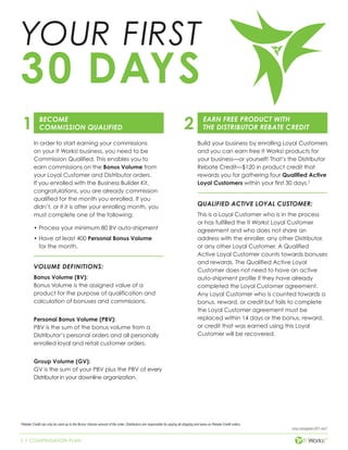 2 | COMPENSATION PLAN
cmp-compplan-001-rev1
In order to start earning your commissions
on your It Works! business, you need to be
Commission Qualified. This enables you to
earn commissions on the Bonus Volume from
your Loyal Customer and Distributor orders.
If you enrolled with the Business Builder Kit,
congratulations, you are already commission
qualified for the month you enrolled. If you
didn’t, or if it is after your enrolling month, you
must complete one of the following:
•	Process your minimum 80 BV auto-shipment
•	Have at least 400 Personal Bonus Volume
for the month.
VOLUME DEFINITIONS:
Bonus Volume (BV):
Bonus Volume is the assigned value of a
product for the purpose of qualification and
calculation of bonuses and commissions.
Personal Bonus Volume (PBV):
PBV is the sum of the bonus volume from a
Distributor’s personal orders and all personally
enrolled loyal and retail customer orders.
Group Volume (GV):
GV is the sum of your PBV plus the PBV of every
Distributor in your downline organization.
Build your business by enrolling Loyal Customers
and you can earn free It Works! products for
your business—or yourself! That’s the Distributor
Rebate Credit—$120 in product credit that
rewards you for gathering four Qualified Active
Loyal Customers within your first 30 days.2
QUALIFIED ACTIVE LOYAL CUSTOMER:
This is a Loyal Customer who is in the process
or has fulfilled the It Works! Loyal Customer
agreement and who does not share an
address with the enroller, any other Distributor,
or any other Loyal Customer. A Qualified
Active Loyal Customer counts towards bonuses
and rewards. The Qualified Active Loyal
Customer does not need to have an active
auto-shipment profile if they have already
completed the Loyal Customer agreement.
Any Loyal Customer who is counted towards a
bonus, reward, or credit but fails to complete
the Loyal Customer agreement must be
replaced within 14 days or the bonus, reward,
or credit that was earned using this Loyal
Customer will be recovered.
EARN FREE PRODUCT WITH
THE DISTRIBUTOR REBATE CREDIT
BECOME
COMMISSION QUALIFIED 21
YOUR FIRST
30 DAYS
2
Rebate Credit can only be used up to the Bonus Volume amount of the order. Distributors are responsible for paying all shipping and taxes on Rebate Credit orders.
 