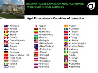 International Expansion Now Positioned In Over 50  Global MarketsAgel Enterprises – Countries of operation Australia