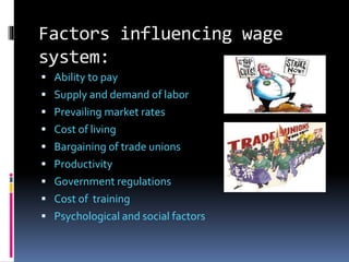Factors influencing wage
system:
 Ability to pay
 Supply and demand of labor
 Prevailing market rates
 Cost of living
 Bargaining of trade unions
 Productivity
 Government regulations
 Cost of training
 Psychological and social factors
 