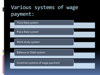 Various systems of wage
payment:
Time Rate system
Piece Rate system
Work study system
Balance or Debt system
Incentive systems of wage payment
 