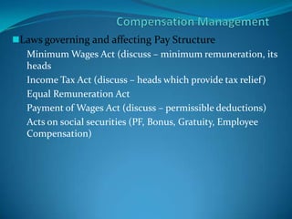 Laws governing and affecting Pay Structure
Minimum Wages Act (discuss – minimum remuneration, its
heads
Income Tax Act (discuss – heads which provide tax relief)
Equal Remuneration Act
Payment of Wages Act (discuss – permissible deductions)
Acts on social securities (PF, Bonus, Gratuity, Employee
Compensation)
 