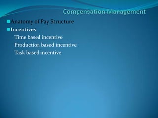 Anatomy of Pay Structure
Incentives
Time based incentive
Production based incentive
Task based incentive
 