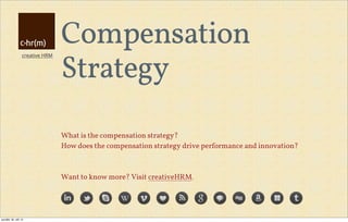 creative HRM
Compensation
Strategy
What is the compensation strategy?
How does the compensation strategy drive performance and innovation?
Want to know more? Visit creativeHRM.
pondělí, 30. září 13
 