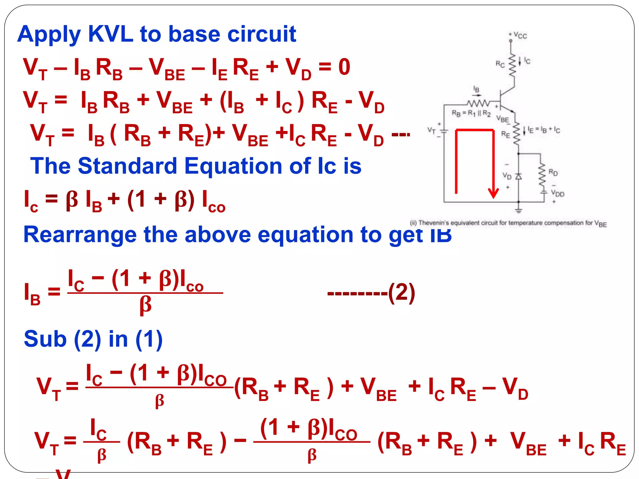 Apply KVL to base circuit
VT – IB RB – VBE – IE RE + VD = 0
VT = IB RB + VBE + (IB + IC ) RE - VD
VT = IB ( RB + RE)+ VBE +IC RE - VD ---(1)
The Standard Equation of Ic is
Ic = β IB + (1 + β) Ico
Rearrange the above equation to get IB
IB =
IC − (1 + β)Ico
β
--------(2)
Sub (2) in (1)
VT =
IC − (1 + β)ICO
𝛃
(RB + RE ) + VBE + IC RE – VD
VT =
IC
𝛃
(RB + RE ) −
(1 + β)ICO
𝛃
(RB + RE ) + VBE + IC RE
 
