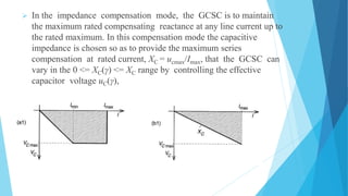  In the impedance compensation mode, the GCSC is to maintain
the maximum rated compensating reactance at any line current up to
the rated maximum. In this compensation mode the capacitive
impedance is chosen so as to provide the maximum series
compensation at rated current, XC = ucmax/Imax, that the GCSC can
vary in the 0 <= XC(γ) <= XC range by controlling the effective
capacitor voltage uC(γ),
 