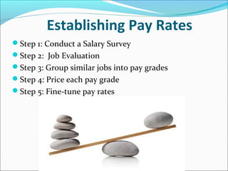 Establishing Pay Rates
Step 1: Conduct a Salary Survey
Step 2: Job Evaluation
Step 3: Group similar jobs into pay grades
Step 4: Price each pay grade
Step 5: Fine-tune pay rates
 