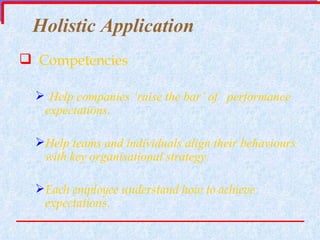 Holistic Application Competencies  Help companies ‘raise the bar’ of  performance expectations. Help teams and individuals align their behaviours with key organisational strategy. Each employee understand how to achieve expectations. 