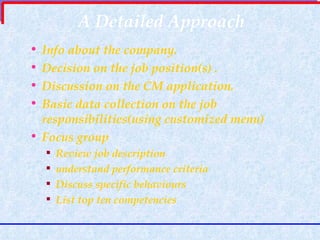 A Detailed Approach Info about the company. Decision on the job position(s) . Discussion on the CM application. Basic data collection on the job responsibilities(using customized menu) Focus group Review job description understand performance criteria Discuss specific behaviours List top ten competencies 