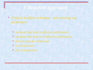 A Detailed Approach Critical incident technique - interviewing top performers incidents that lead to effective performance incidents that lead to in effective performance Discuss specific behaviours List behaviours List competencies 