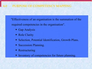 6.0 PURPOSE OF COMPETENCY MAPPING "Effectiveness of an organisation is the summation of the required competencies in the organisation". Gap Analysis Role Clarity Selection, Potential Identification, Growth Plans. Succession Planning. Restructuring Inventory of competencies for future planning. 