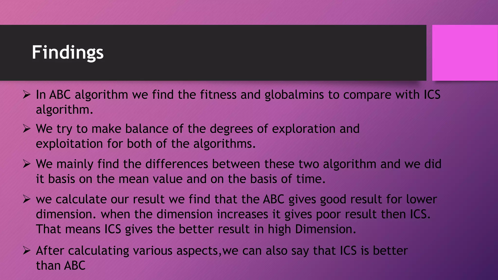 Findings
 In ABC algorithm we find the fitness and globalmins to compare with ICS
algorithm.
 We try to make balance of the degrees of exploration and
exploitation for both of the algorithms.
 We mainly find the differences between these two algorithm and we did
it basis on the mean value and on the basis of time.
 we calculate our result we find that the ABC gives good result for lower
dimension. when the dimension increases it gives poor result then ICS.
That means ICS gives the better result in high Dimension.
 After calculating various aspects,we can also say that ICS is better
than ABC
 