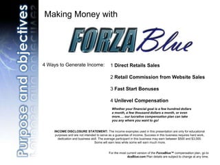 Making Money with




4 Ways to Generate Income:                   1 Direct Retails Sales

                                             2 Retail Commission from Website Sales

                                             3 Fast Start Bonuses

                                             4 Unilevel Compensation
                                              Whether your financial goal is a few hundred dollars
                                              a month, a few thousand dollars a month, or even
                                              more…. our lucrative compensation plan can take
                                              you any where you want to go!


     INCOME DISCLOSURE STATEMENT: The income examples used in this presentation are only for educational
     purposes and are not intended to serve as a guarantee of income. Success in this business requires hard work,
       dedication and business skill. The average participant in this business may earn between $500 and $3,000.
                                 Some will earn less while some will earn much more.


                                            For the most current version of the ForzaBlue™ compensation plan, go to
                                                         4zaBlue.com Plan details are subject to change at any time.
 
