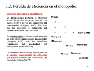 3.2. Pérdida de eficiencia en el monopolio. 
Ejemplo con costes constantes: 
En competencia perfecta la eficiencia 
social de la estructura de mercado se 
puede medir a través del excedente del 
consumidor (triangulo ABC). Recordar 
que los beneficios o excedente del 
productor en este caso son cero. 
En el monopolio la eficiencia del mercado 
se mide por el excedente del consumidor 
(triangulo ADE) más los beneficios 
(excedente del productor) del 
monopolista (cuadro DCEF) 
La diferencia entre ambas situaciones es 
la perdida irrecuperable de eficiencia 
que sufre la sociedad por la actuación del 
monopolio (triangulo EFB) 
CM = CVMe 
D E 
C B 
IM monop Demanda 
Cantidad 
Precio 
Q monop 
A 
P comp. perf. 
Q comp. perf. 
IM comp. perf. 
F 
10 
 