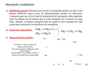Monopolio multiplanta 
26 
a) Definición general: Situación por la cual un monopolio produce en dos o más 
plantas (fabricas) cuyos costes de funcionamiento pueden ser diferentes. 
Cualquiera que sea el nivel total de producción del monopolio, debe repartirse 
entre las plantas de tal manera que el coste marginal sea el mismo en todas 
ellas. Además, el ingreso marginal debe ser igual al coste marginal de cada 
planta para maximizar los beneficios del monopolio. 
b) Expresión matemática: 
c) Representación gráfica: 
CMg CMg i j 
IMg CMg i 
Con IMg = CMgT se obtiene la 
producción total (QT) 
Este punto muestra el IMg para cada 
planta (IMg*) 
Donde IMg* cruza a CMg1 y CMg2 se 
obtiene la producción en cada planta 
= " ¹ 
= " IMg = CMgi = CMg j 
Producción 
i j 
Precio 
D = IMe 
IMg 
CMg1 CMg2 
CMgT 
IMg* 
Q1 Q2 QT 
P* 
i 
 