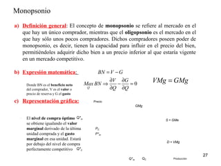 Monopsonio 
27 
a) Definición general: El concepto de monopsonio se refiere al mercado en el 
que hay un único comprador, mientras que el oligopsonio es el mercado en el 
que hay sólo unos pocos compradores. Dichos compradores poseen poder de 
monopsonio, es decir, tienen la capacidad para influir en el precio del bien, 
permitiéndoles adquirir dicho bien a un precio inferior al que estaría vigente 
en un mercado competitivo. 
b) Expresión matemática: 
c) Representación gráfica: 
GMg 
S = GMe 
Producción 
Precio 
D = VMg 
= - 
Þ ¶ - ¶ = 
¶ ¶ 
Q*m 
PC 
P*m 
QC 
0 
Q 
BN V G 
Max BN V G 
Q Q 
VMg = GMg 
◦ El nivel de compra óptimo 
Q*m 
se obtiene igualando el valor 
marginal derivado de la última 
unidad comprada y el gasto 
marginal en esa unidad. Estará 
por debajo del nivel de compra 
perfectamente competitivo 
Q*C 
Donde BN es el beneficio neto 
del comprador, V es el valor o 
precio de reserva y G el gasto 
 