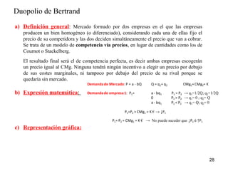 Duopolio de Bertrand 
28 
a) Definición general: Mercado formado por dos empresas en el que las empresas 
producen un bien homogéneo (o diferenciado), considerando cada una de ellas fijo el 
precio de su competidora y las dos deciden simultáneamente el precio que van a cobrar. 
Se trata de un modelo de competencia vía precios, en lugar de cantidades como los de 
Cournot o Stackelberg. 
El resultado final será el de competencia perfecta, es decir ambas empresas escogerán 
un precio igual al CMg. Ninguna tendrá ningún incentivo a elegir un precio por debajo 
de sus costes marginales, ni tampoco por debajo del precio de su rival porque se 
quedaría sin mercado. 
b) Expresión matemática: 
c) Representación gráfica: 
Demanda de Mercado: P = a - bQ Q = q1+ q2 CMg1= CMg2= K 
Demanda de empresa 1: P1= a - bq1 P1 = P2 → q1=1/2Q; q2=1/2Q 
0 P1 > P2 → q1= 0 ; q2= Q 
a - bq1 P1 < P2 → q1= Q; q2= 0 
P1=P2 > CMg1 = K € → ↓P1 
P1= P2 = CMg1 = K € → No puede suceder que ↓P1 ó ↑P1 
 