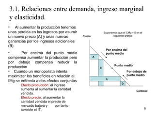 3.1. Relaciones entre demanda, ingreso marginal 
y elasticidad. 
• Al aumentar la producción tenemos 
unas pérdida en los ingresos por asumir 
un nuevo precio (A) y unas nuevas 
ganancias por los ingresos adicionales 
(B) 
• Por encima del punto medio 
compensa aumentar la producción pero 
por debajo compensa reducir la 
producción 
• Cuando un monopolista intenta 
maximizar los beneficios en relación al 
IMg se enfrenta a dos efectos conjuntos 
Efecto producción: el ingreso 
aumenta al aumentar la cantidad 
vendida. 
Efecto precio: al aumentar la 
cantidad vendida el precio de 
mercado bajará y por tanto 
también el IT. 
A 
B 
Por encima del 
punto medio 
C 
Punto medio 
D 
Por debajo del 
punto medio 
Precio 
Cantidad 
8 
Suponemos que el CMg = 0 en el 
siguiente gráfico 
 