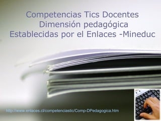 Competencias Tics Docentes  Dimensión pedagógica Establecidas por el Enlaces -Mineduc  http://www.enlaces.cl/competenciastic/Comp-DPedagogica.htm 