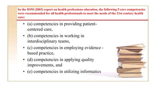 In the IOM (2003) report on health professions education, the following 5 core competencies
were recommended for all health professionals to meet the needs of the 21st century health
care:
• (a) competencies in providing patient-
centered care,
• (b) competencies in working in
interdisciplinary teams,
• (c) competencies in employing evidence -
based practice,
• (d) competencies in applying quality
improvements, and
• (e) competencies in utilizing informatics
 