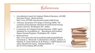 References
• Accreditation Council for Graduate Medical Education. ACGME
Outcomes Project . Retrieved from
http://www.ACGME.org/outcomes/comp/compFull.asp.
• American Association of Colleges of Nursing (2008). The
essentials of baccalaureate education for professional nursing
practice (2nd ed.). Washington, DC: Author.
• Commission on Collegiate Nursing Education. (2009, April).
Standards for Accreditation of Baccalureate and Graduate
Degree Nursing Programs. Washington, DC: Author.
• Retrieved from
http://www.aacn.nche.edu/Accreditation/pdf/standards09.pdf
Cronenwett, L. Sherwood, G.,Barnsteiner,J.,Disch,J., Johnson, J.,
Mitchell, P.,Taylor Sullivan, D.,& Warren, J. (20070 Quality and
safety education for nurses. Nursing Outlook. 55
doi:10.1016/j.outlook.2007.02.006
 
