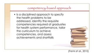 competency-based approach
• Is a disciplined approach to specify
the health problems to be
addressed, identify the requisite
competencies required of graduates
for health system performance, tailor
the curriculum to achieve
competencies, and assess
achievements and shortfalls
(Frenk et al., 2010)
 